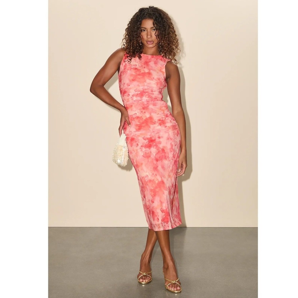 Lulus Elyra Orange Abstract Mesh Ruched Crew Neck Midi Dress Size Small